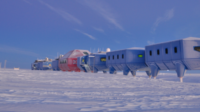 The Halley VI Research Station, a series of connected modular buildings on hydraulic legs, sits on an expanse of snow under a twilight sky.