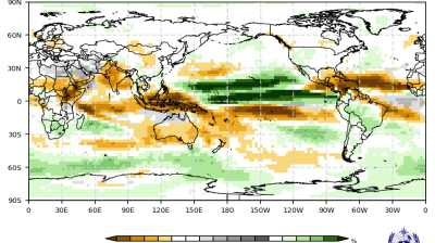 Global map showing a probabilistic precipitation forecast for June-August 2026, with a color scale indicating probabilities of below-normal, near-normal, and above-normal conditions.
