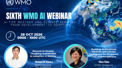 Announcement for the Sixth WMO AI Webinar on 28 October, 2026, featuring speakers Michael B. Simora and Chen Chen.