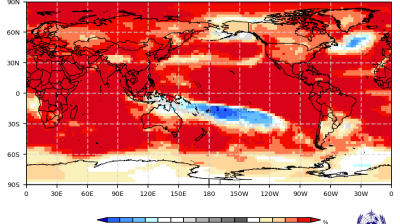 Global map showing a probabilistic temperature forecast for August, September, and October 2026, with colors indicating areas likely to be above or below normal temperatures.
