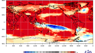 A world map showing a probabilistic temperature forecast for September-November 2026, with red indicating above-normal temperatures and blue indicating below-normal temperatures.
