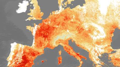This image, supplied by the European Space Agency, shows the land surface temperature on 25 July 2019, amid the European heatwave.