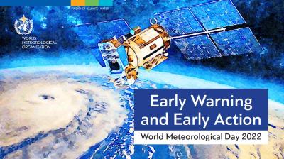 Illustration of a satellite above a swirling cyclone with the text “Early Warning and Early Action, World Meteorological Day 2022” and World Meteorological Organization logo.