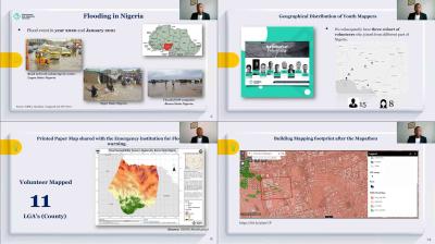A presentation slide with four sections about flooding in Nigeria, volunteer mapping efforts, maps, and the geographic distribution of youth mappers.