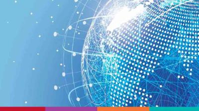 Digital illustration of a globe with interconnected lines and dots on a blue background, representing global communication or networks. Colored bar at the bottom.