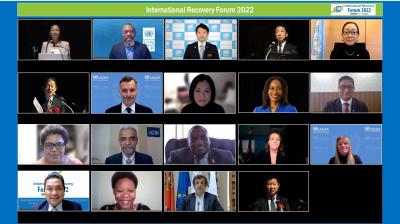 Screenshot of a virtual meeting with 20 participants, each shown in individual video call windows, under the banner "International Recovery Forum 2022.