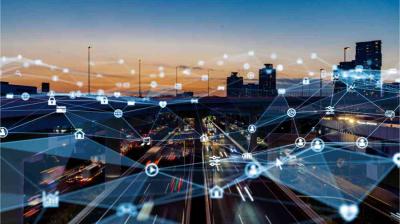 City highway at dusk with digital network icons and lines overlaid, representing smart technology, connectivity, and Internet of Things (IoT) integration in urban infrastructure.