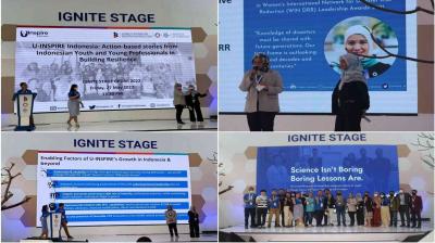 A collage of four photos shows presenters speaking on the IGNITE STAGE at a conference, with slides behind them on topics like resilience, leadership, and science education.
