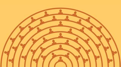 Stylized illustration of concentric circles containing evenly spaced human figure icons on a yellow background.