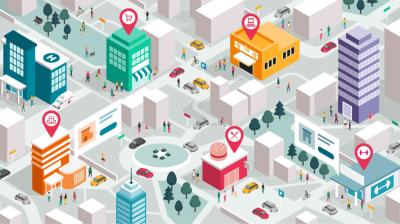Illustration of a city with buildings, cars, and people; icons mark locations for shopping, dining, a hospital, a gym, and public transport.