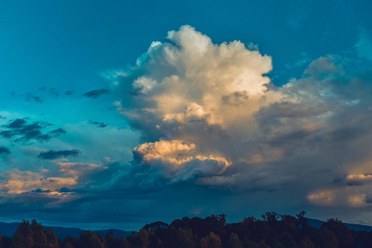 A large, billowing cloud in a blue sky over a landscape with dark treetops at the bottom.