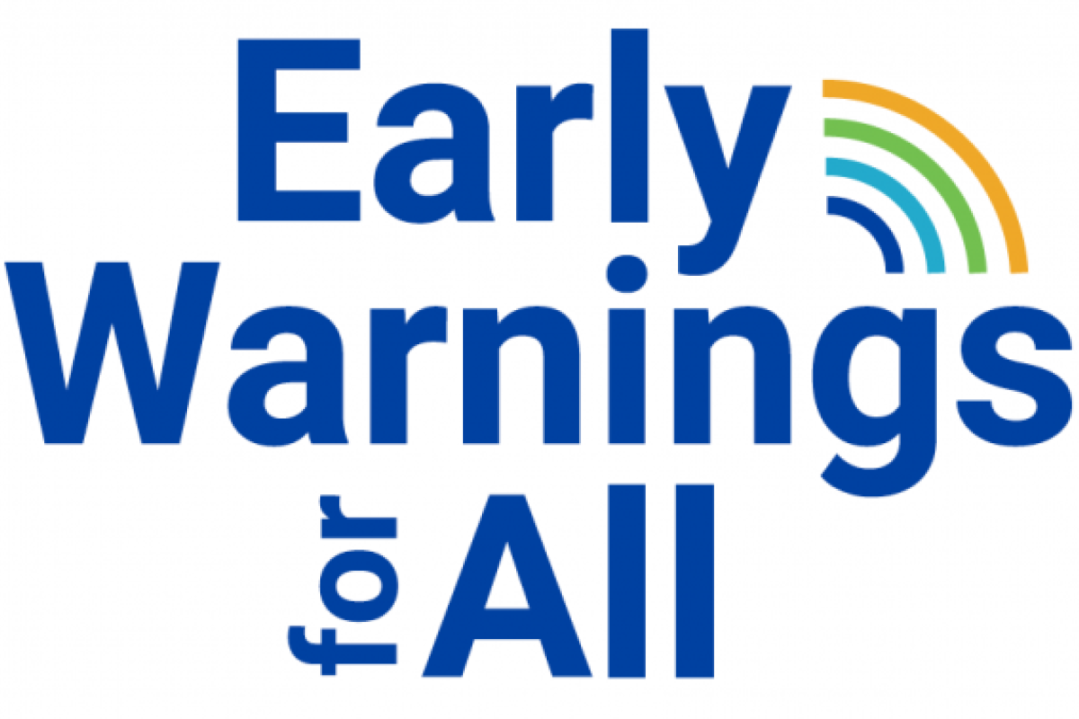 Logo with the text "Early Warnings for All" in blue and a rainbow-like arc of lines in green, yellow, and blue on the upper right.