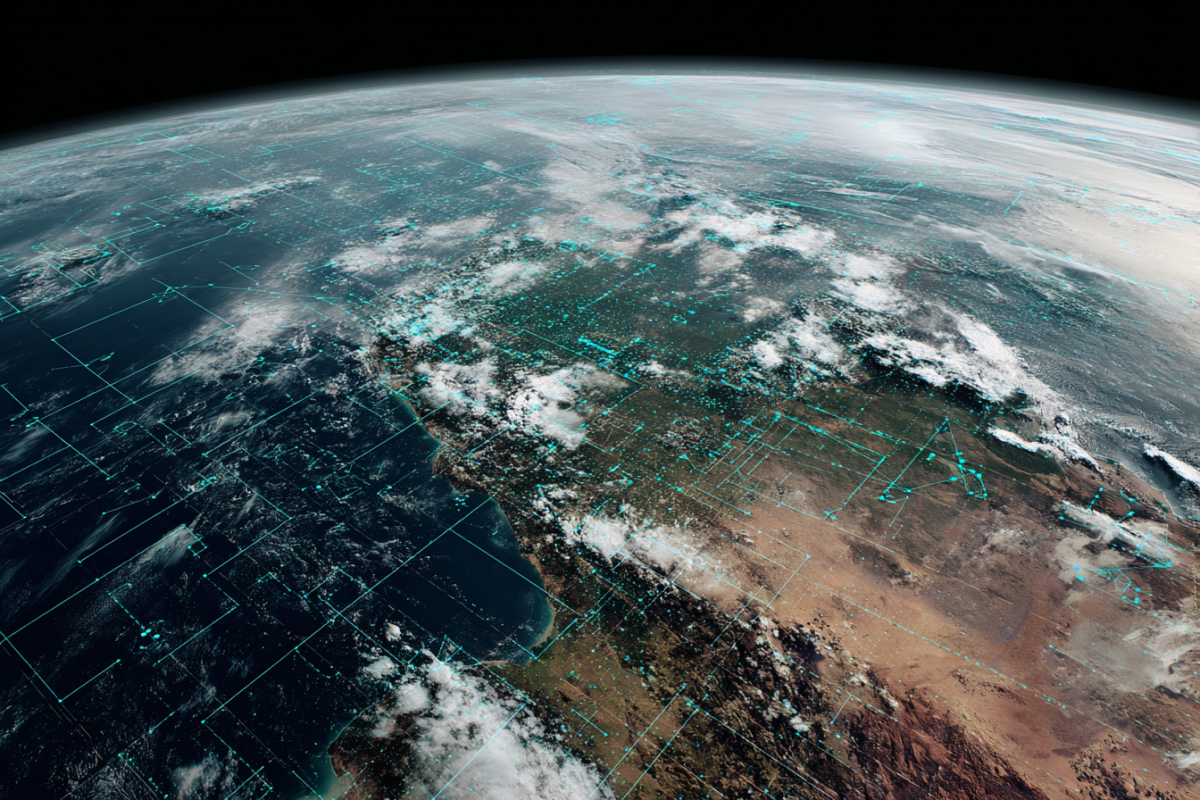 A view of Earth from space showing clouds, land, and digital grid overlays highlighting data points across the surface.