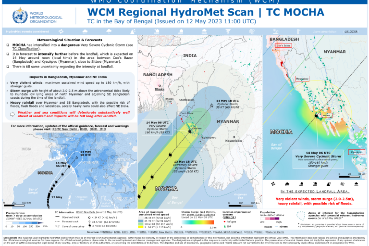 Map showing Cyclone Mocha’s projected path across the Bay of Bengal toward Bangladesh and Myanmar, with forecast data, impacts, and warnings highlighted for the affected regions.