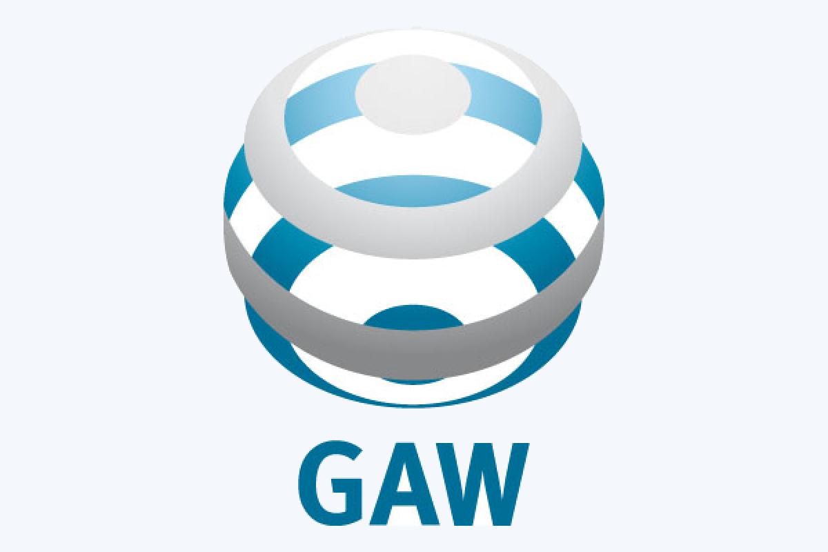 A blue and white, spherical, layered logo above the letters "GAW" in bold blue font on a light background.
