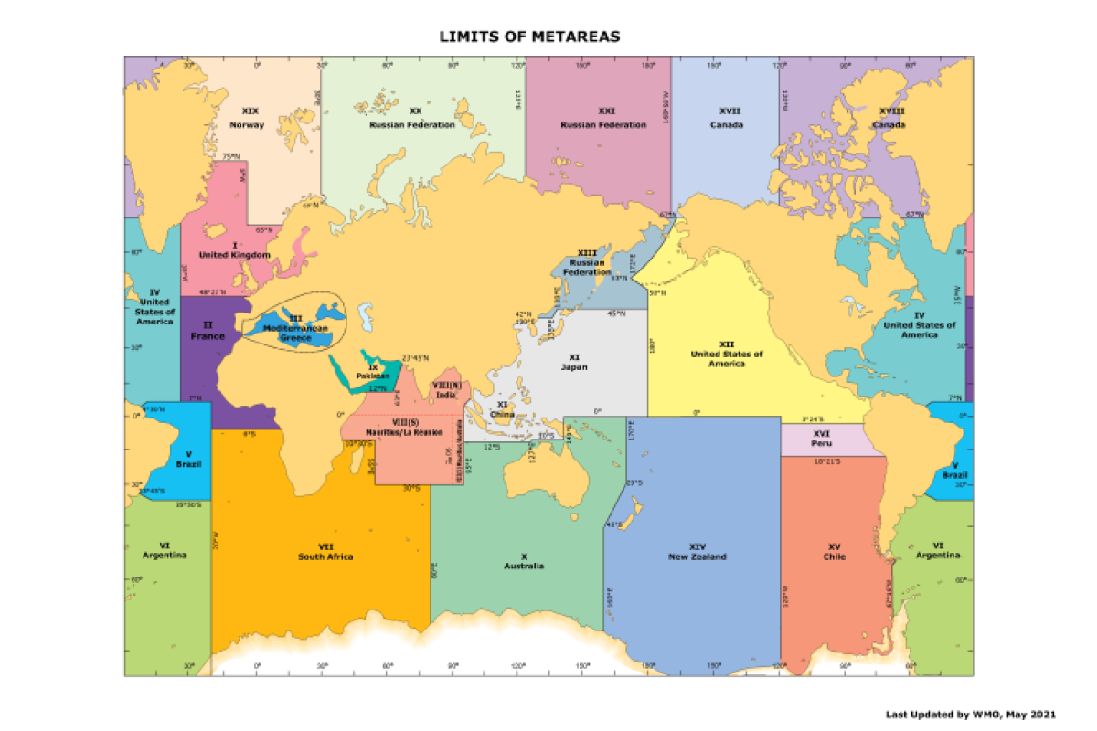 World map showing the geographic boundaries of metareas, each labeled and color-coded, used for maritime safety information. Map last updated by WMO in May 2021.