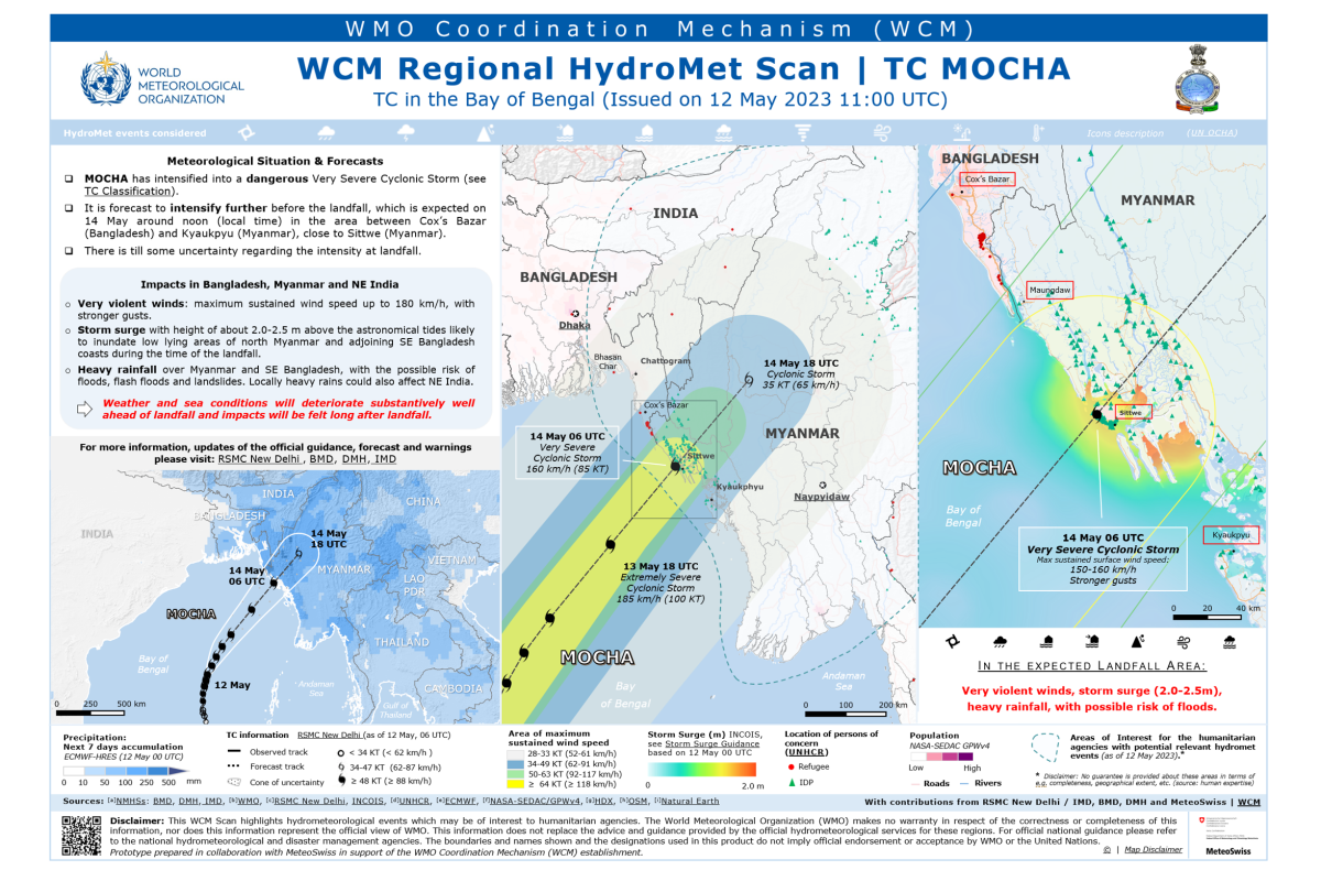 Map showing the forecast and potential impacts of Tropical Cyclone Mocha over the Bay of Bengal, with affected areas in Bangladesh, Myanmar, and India highlighted.