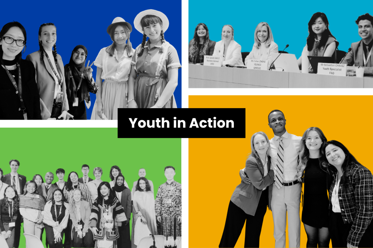 Collage of diverse groups of young people posing together at an event, with the text "Youth in Action" centered in bold.