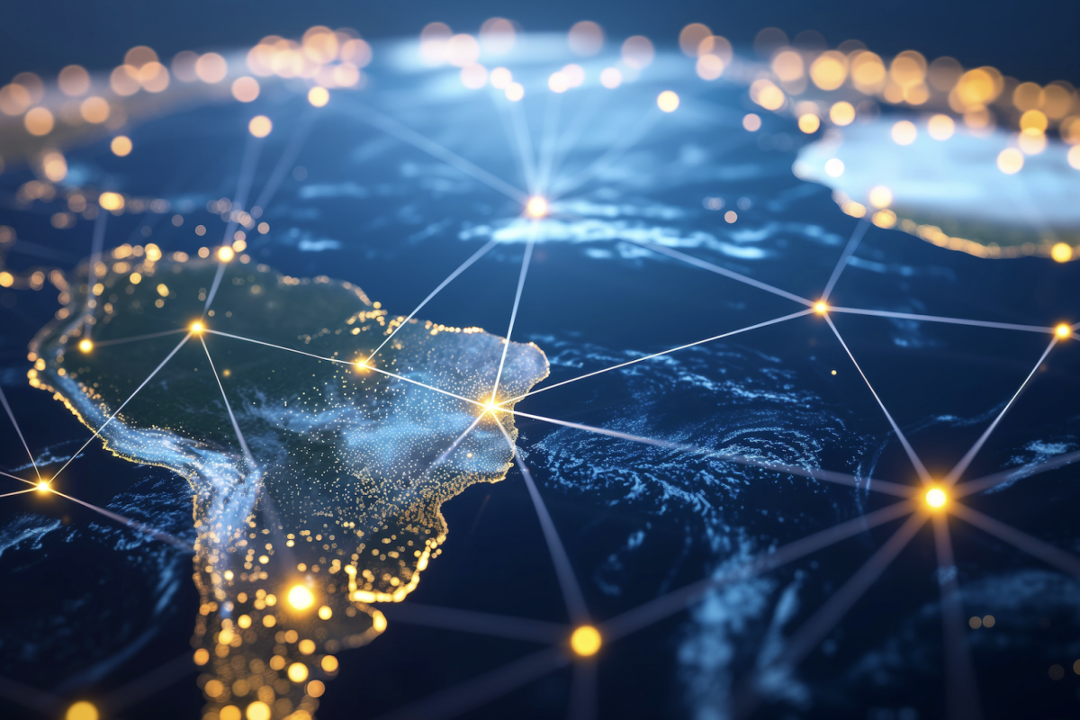 A digital rendering of Earth viewed from space shows South America with glowing lines and points symbolizing global connectivity and data networks.