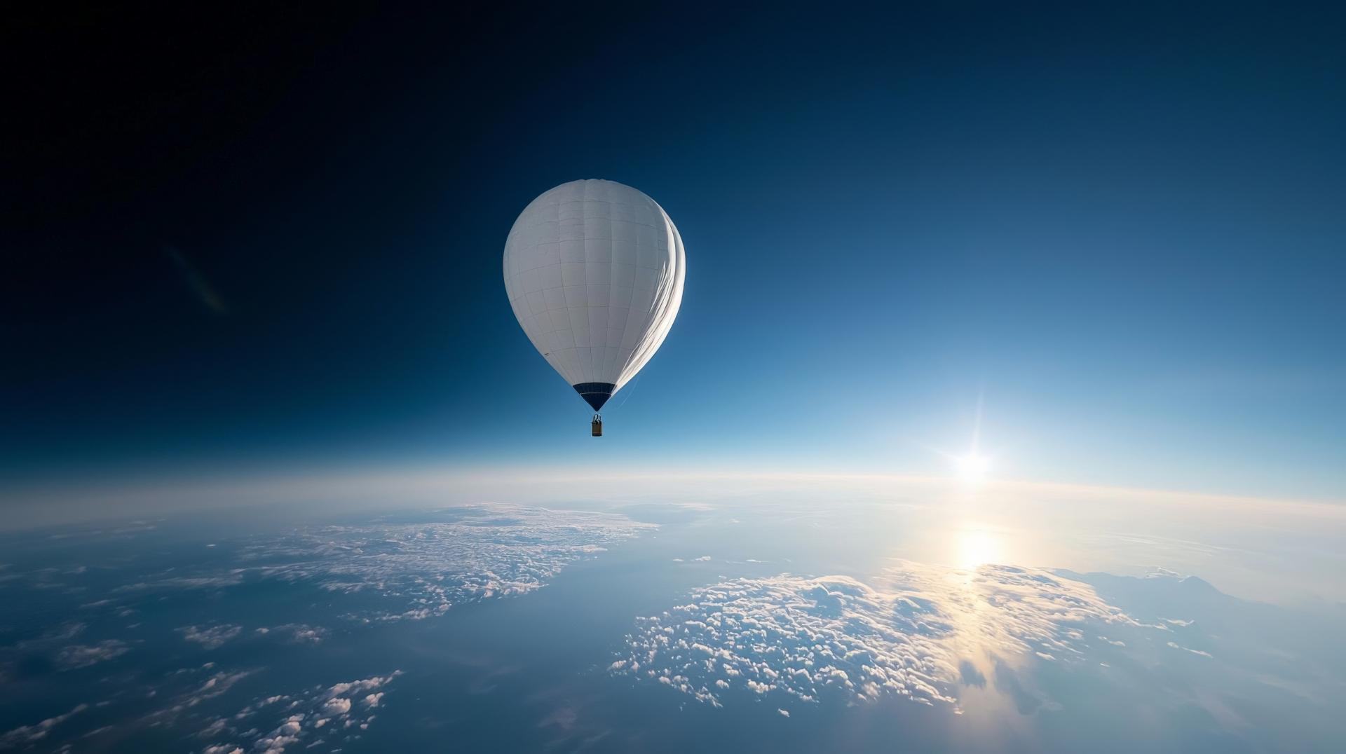 A single white hot air balloon floats above the clouds in a clear sky at sunrise or sunset, with the sun visible on the horizon.