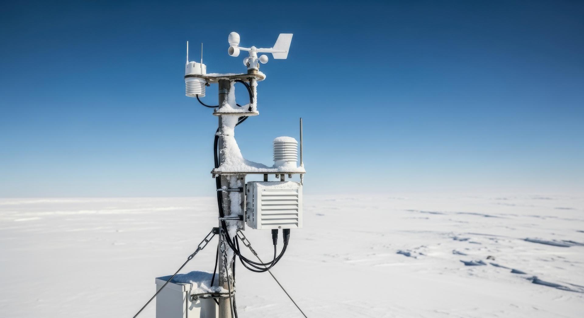 A weather station covered in snow stands in a vast, flat, icy landscape under a clear blue sky.