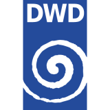 A blue and white logo with the word dwd.