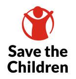 Red logo featuring a simplified figure inside an incomplete circle with the text "Save the Children" underneath.