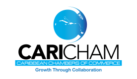 Logo of Caribbean Chambers of Commerce with a blue stylized map of the Caribbean inside a circular arrow. Text below reads "Growth Through Collaboration.