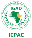 The ICPAC logo features a green map of Africa with the Horn region highlighted in yellow, surrounded by laurel branches and the organization’s full name in English and French.