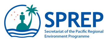 SPREP logo featuring an island with a palm tree, a person, ocean waves, stars, and the text "Secretariat of the Pacific Regional Environment Programme.