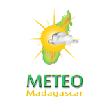 Logo with a sun and cloud over a map of Madagascar, with the text "METEO Madagascar" below in green and yellow letters.