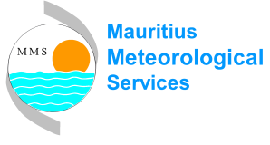 Mauritius Meteorological Services logo with an orange sun, blue waves, and "MMS" text inside a circle, alongside the organization's name in blue text.