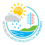 Logo of the Seychelles Meteorological Authority featuring a sun, cloud with rain, thermometer, ocean, and green hills.