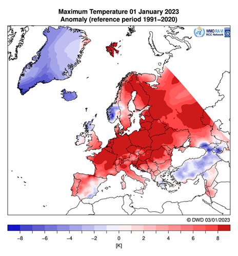 Max temperature anomaly - Europe - January 2023