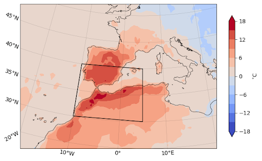 map of dark red areas in Mediterranean affected by heat