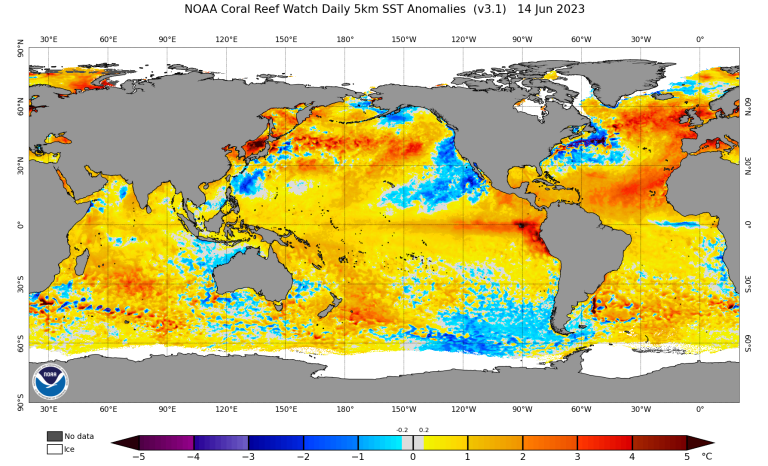 Map of yellow and red for sea surface temperatures