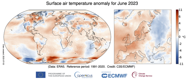 Surface air temperature for June 2023