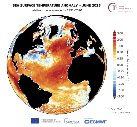 sea surface temperature anomaly June 2023.