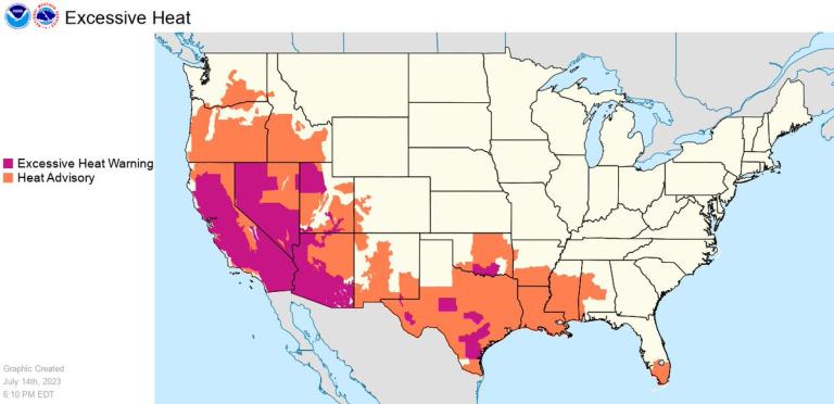 a map showing the extent of extreme heat in the united states.