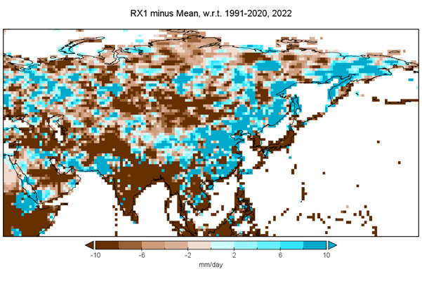Difference between the highest daily precipitation totals in 2022 and the 1991–2020 long-term mean.