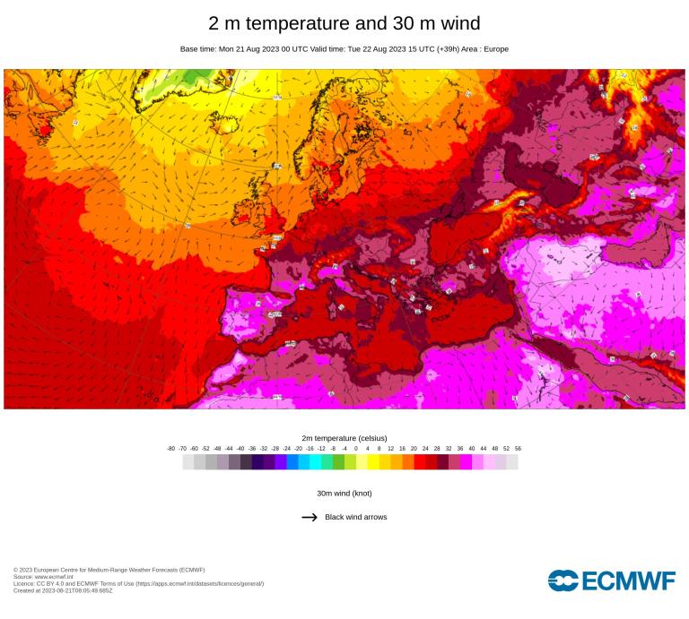 A map showing the temperature and wind in europe.