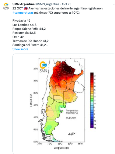 A map showing the temperature in Argentina.