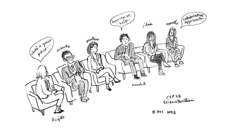 A drawing of a group of people sitting on chairs.