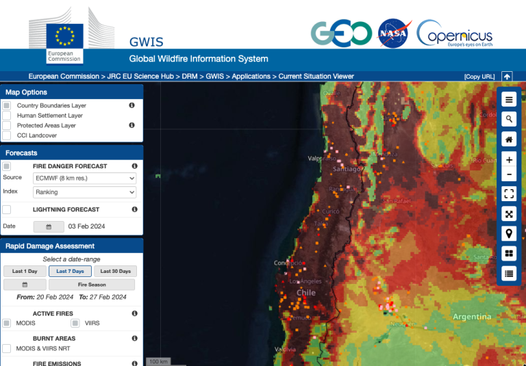 A screen shot of the Global Wildfire Information System.