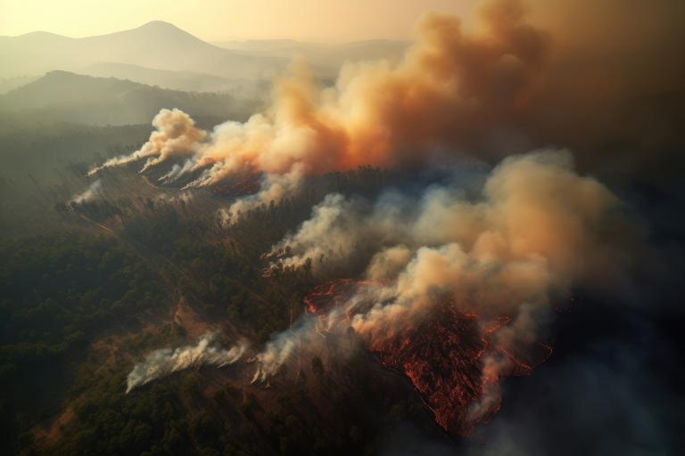 Aerial view of a large forest fire with smoke and flames spreading across the landscape.