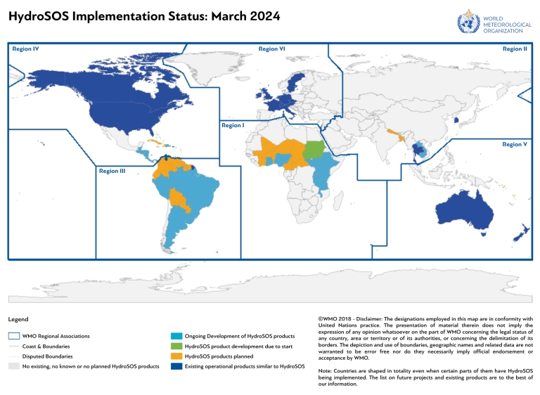 Global map displaying the implementation status of hydrosos projects across different regions as of march 2024.