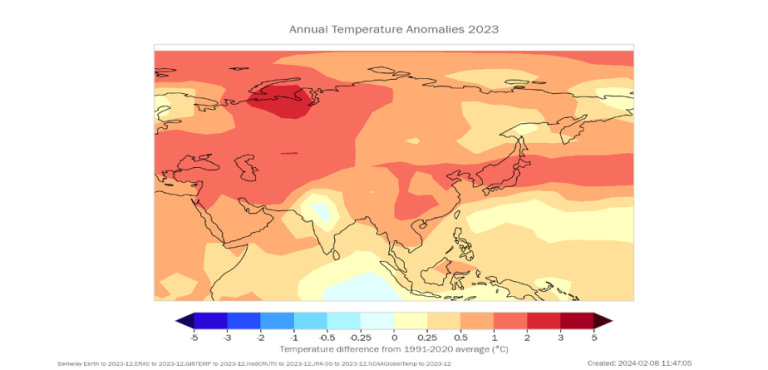 A color-coded map displaying the annual temperature anomalies for 2023, with variations from the 1991-2020 average.