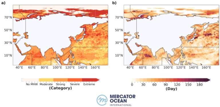 Two mercator ocean maps: a) displays categories of sea ice melt from no melt to extreme; b) shows the progression of melt days across the arctic region.