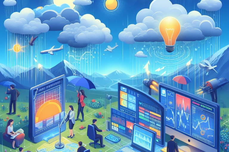 Vibrant illustration of a tech-enhanced landscape with people interacting with large digital screens, data analysis, diverse landscapes, jets, and a symbolic lightbulb floating above.