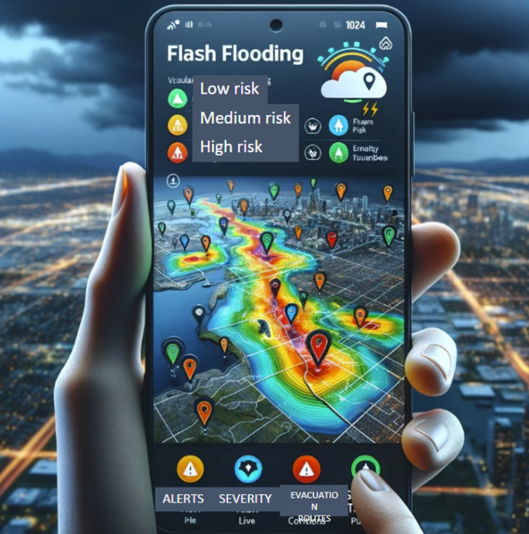 A hand holding a smartphone displaying a map of a city with color-coded flash flooding risk levels and weather alerts.